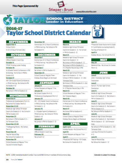 Talking Taylor Schools TAYLOR SCHOOL DISTRICT 2016 17 Calendar