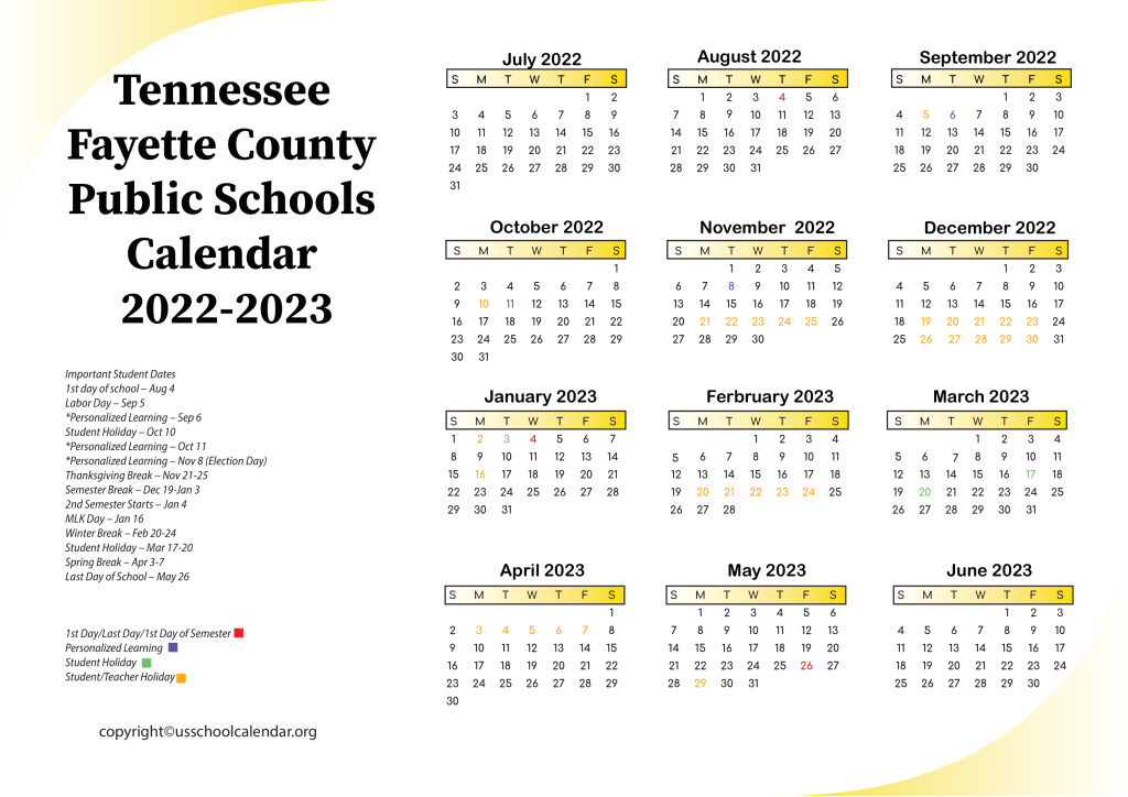 Tennessee Fayette County Public Schools Holiday Calendar US School 