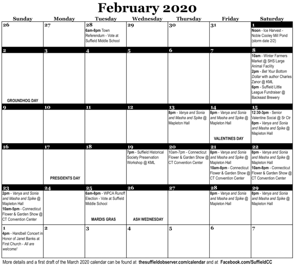 The Return Of The Suffield Community Calendar The Suffield Observer