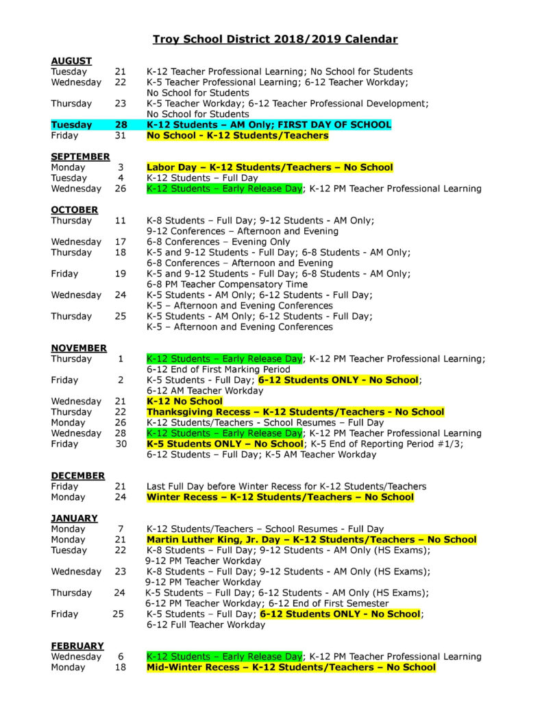 Troy School District Calendar Qualads