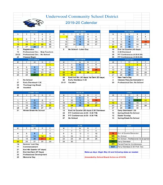 Underwood Community Schools 2019 2020 School Calendar