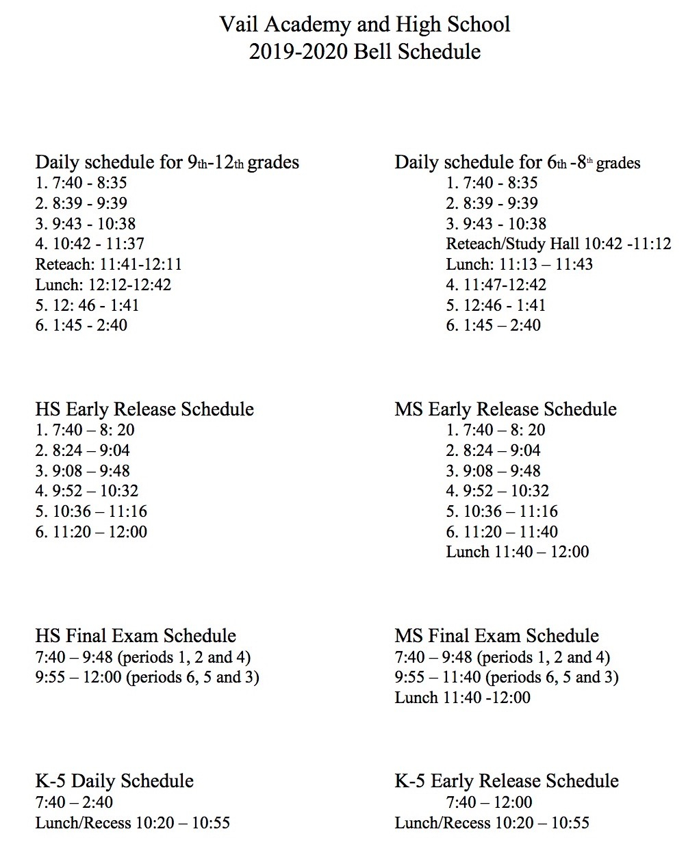 Vail Academy And High School Calendar 2025