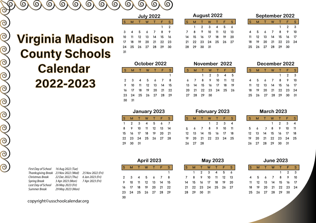 Virginia Madison County Schools Holidays US School Calendar