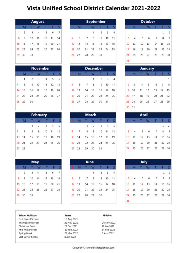 Vista Unified School District Calendar Holidays 2021 2022