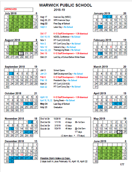 Warwick Public Schools Calendar 2019 And 2020 PublicHolidays us
