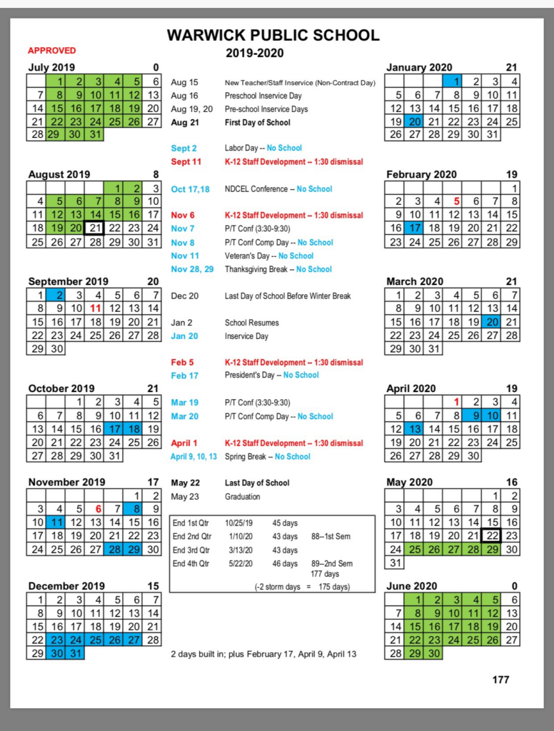 Warwick Public Schools Calendar 2020 PublicHolidays us