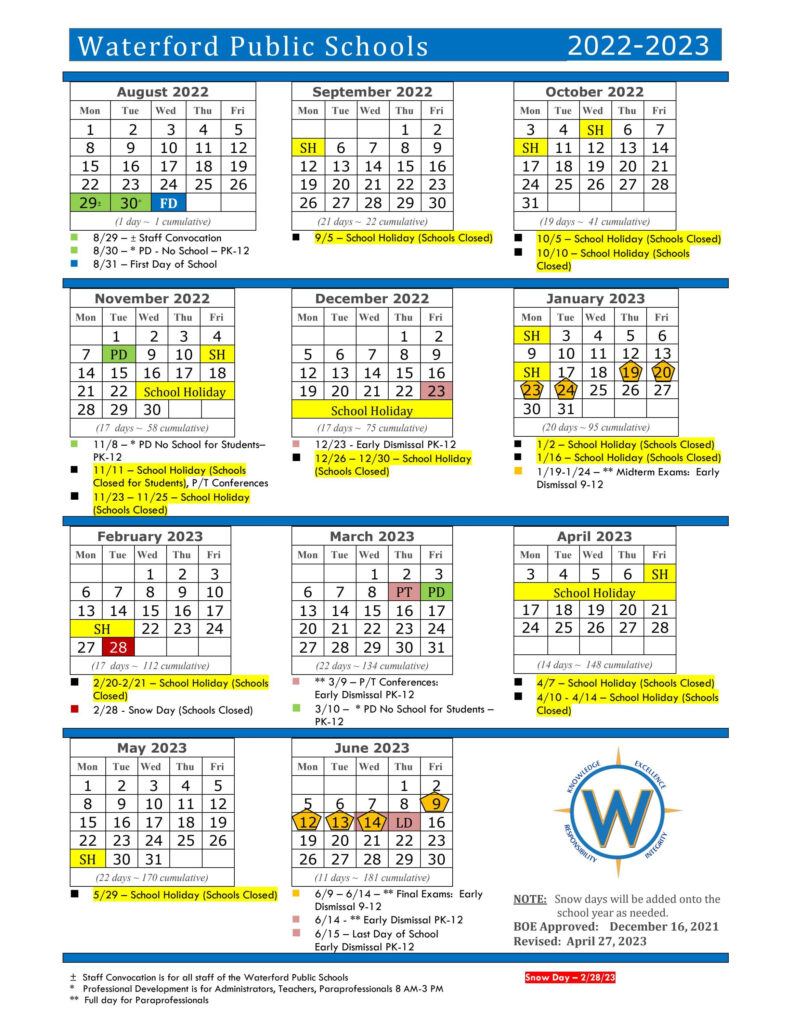 Waterford Public Schools Calendar 2022 2023 By Waterford Public Schools 