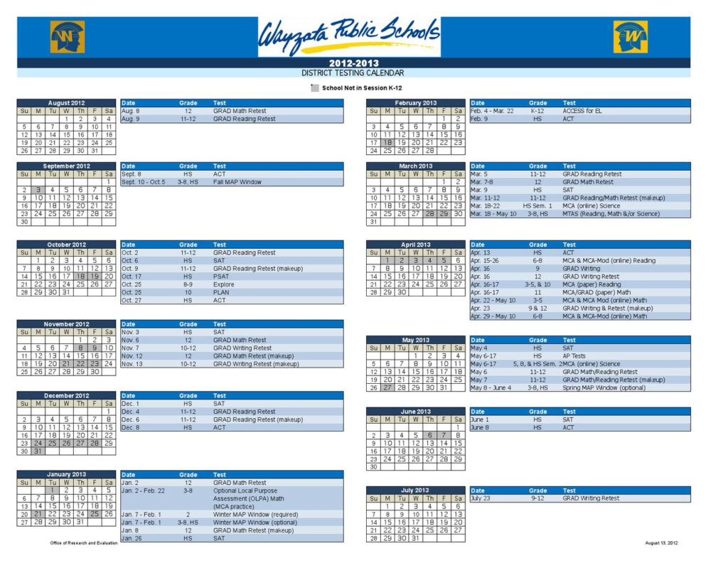 Wayzata Public Schools 2012 13 District Testing Calendar By Wayzata 