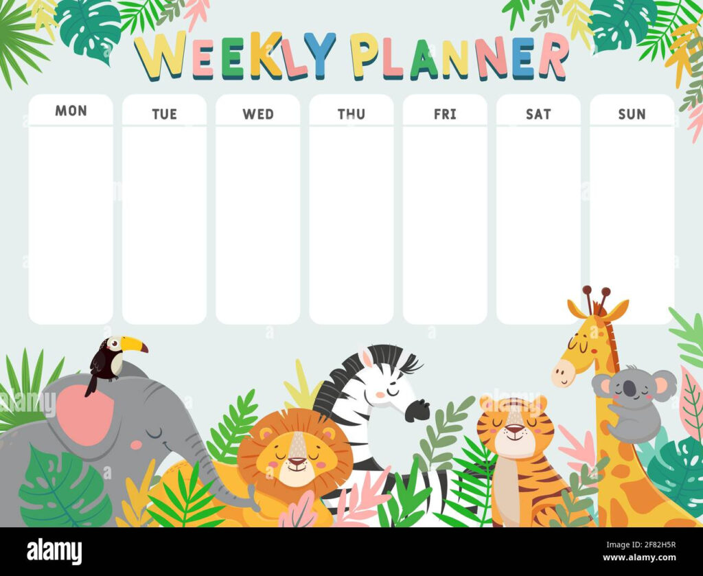 Weekly Planner For Kid Child Schedule For Week With Tropical Jungle 