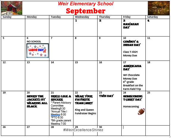 Weir Elementary School September Calendar Update Choctaw County 