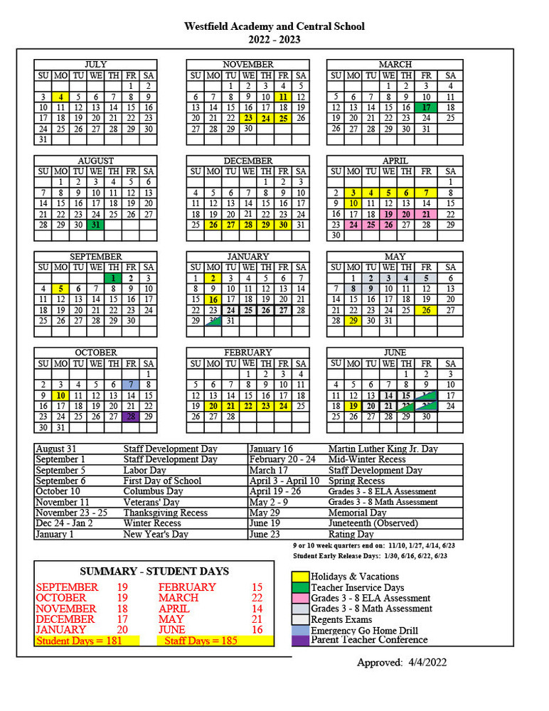 Westfield Academy And Central School Calendar 2022 2023 Westfield