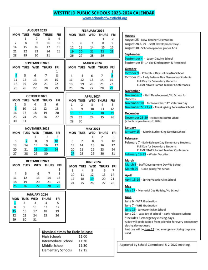 Westfield Public School District Calendar 2023 2024 In PDF