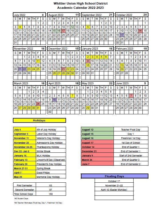 Whittier Union High School District Calendar 2022 And 2023 