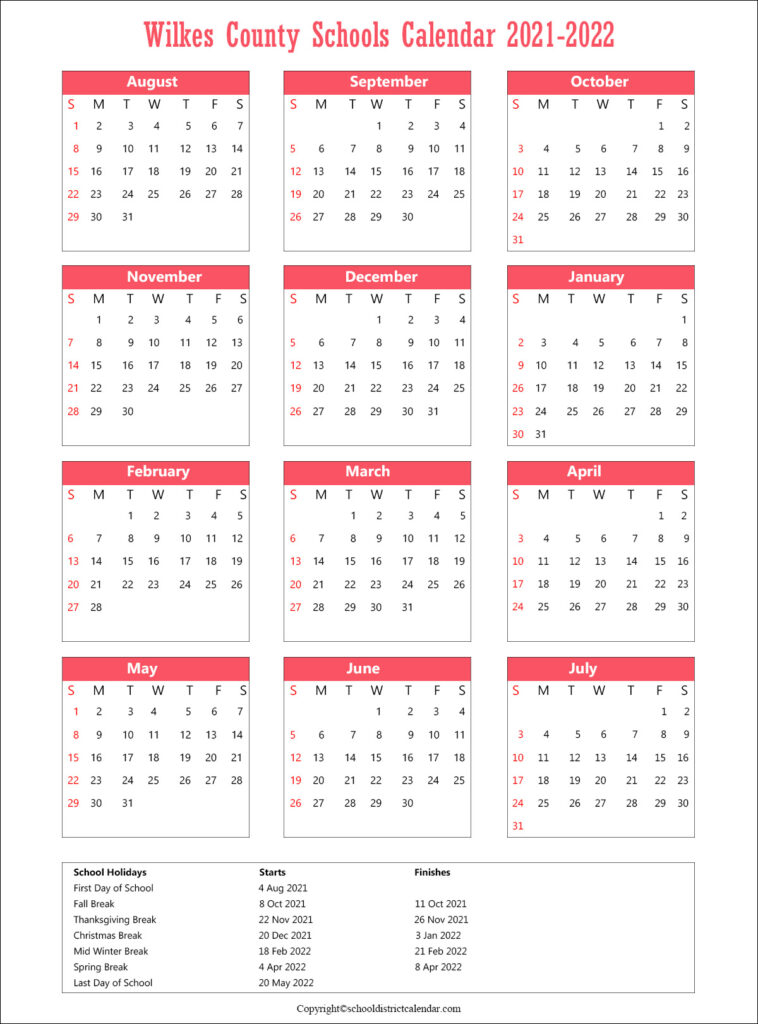 Wilkes County Schools Calendar Holidays 2021 2022