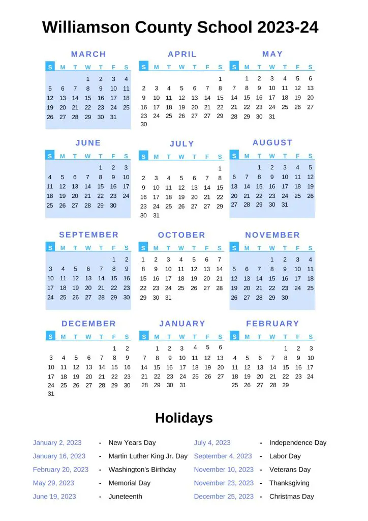 Williamson County School Calendar With Holidays 2022 2023