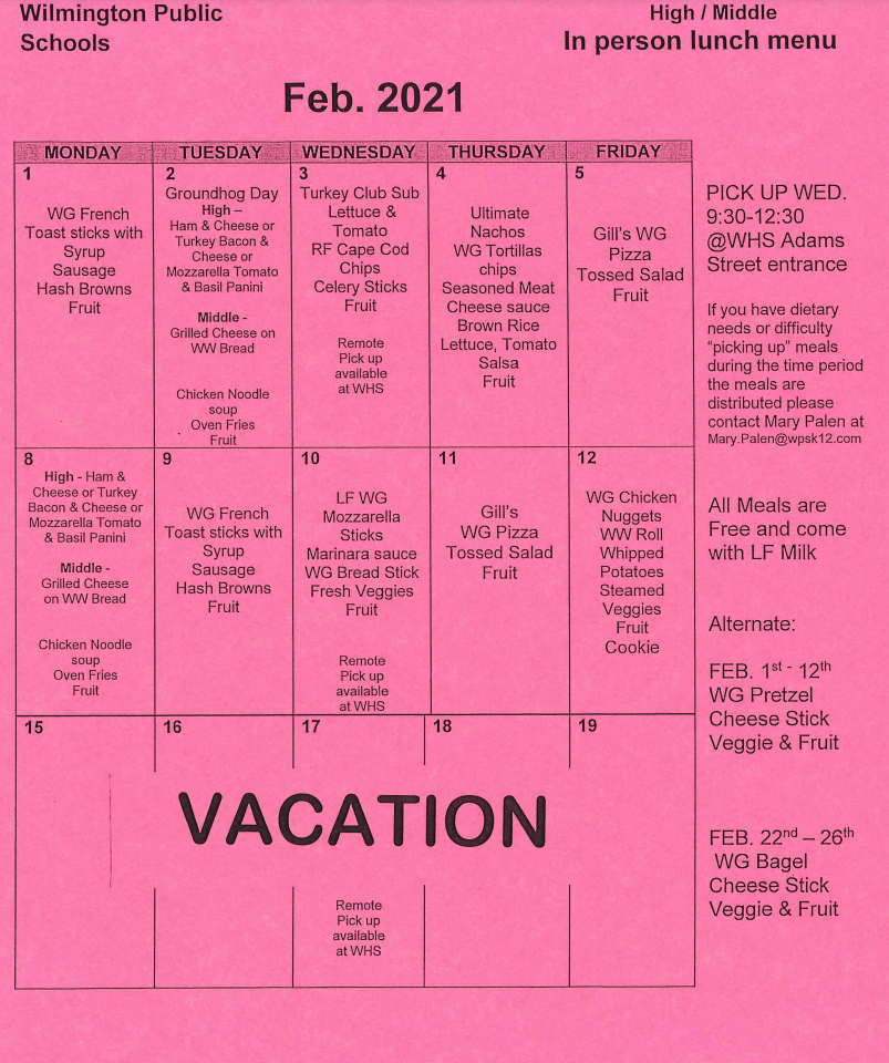Wilmington s February 2021 School Breakfast Lunch Calendars 