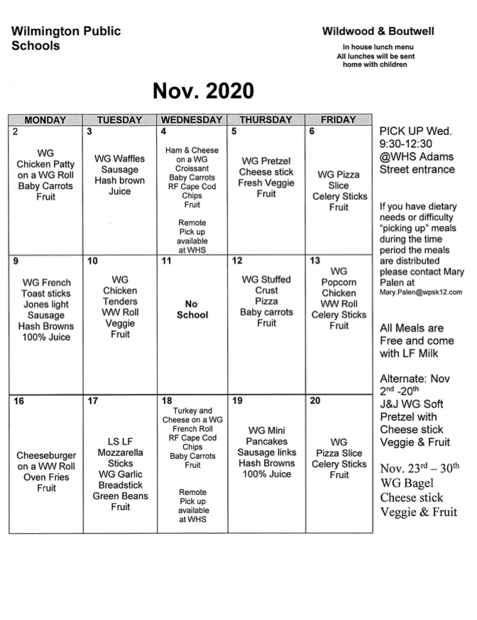 Wilmington s November 2020 School Breakfast Lunch Calendars 