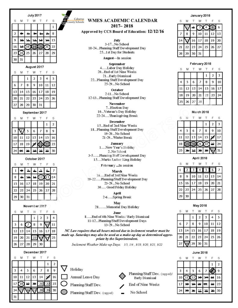 Wolf Meadow Elementary School Calendars Concord NC