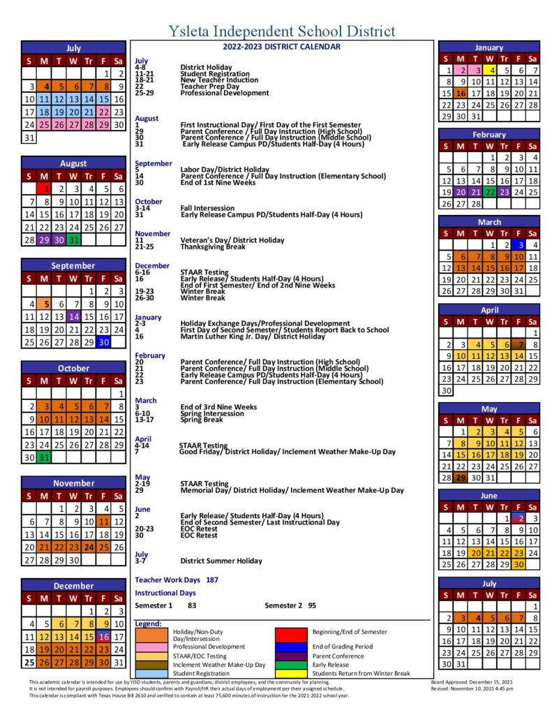 Ysleta Independent School District Calendar 2022 2023