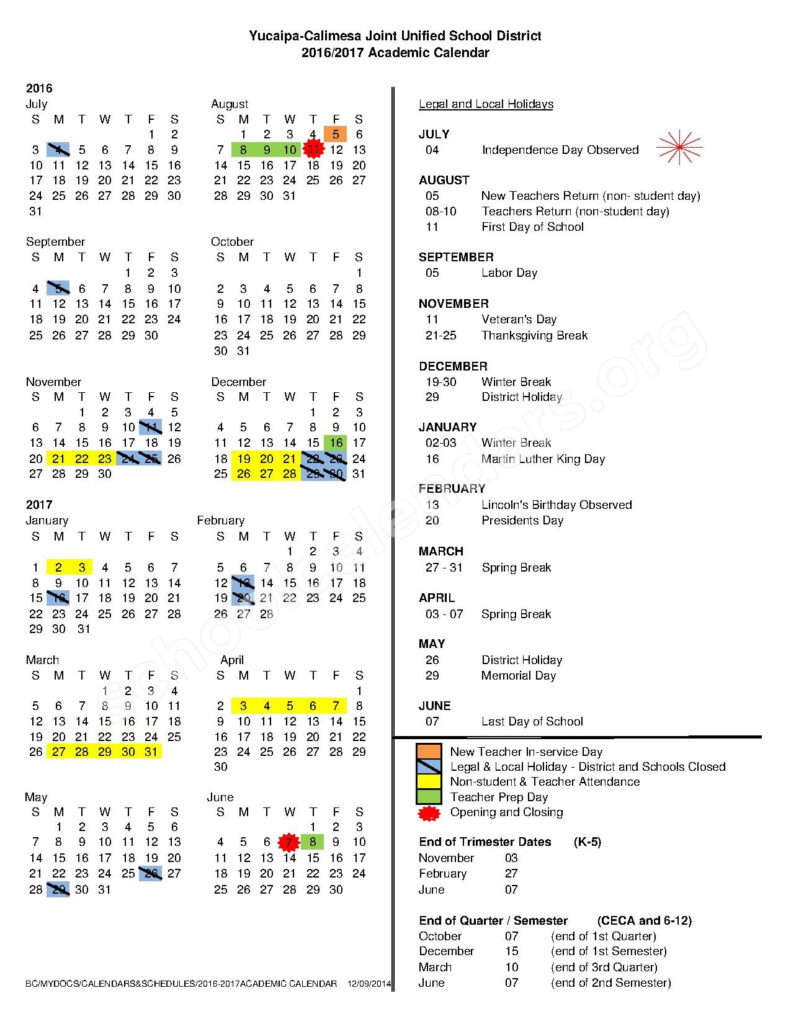Yucaipa High School Calendars Yucaipa CA